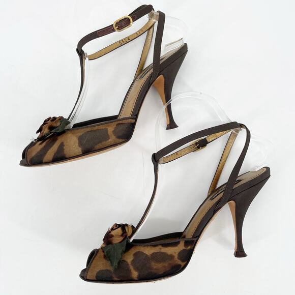 Dolce & Gabbana Leopard Print Floral T-Strap Peep Toe Heeled Sandals IT 37.5 - Picture 4 of 11
